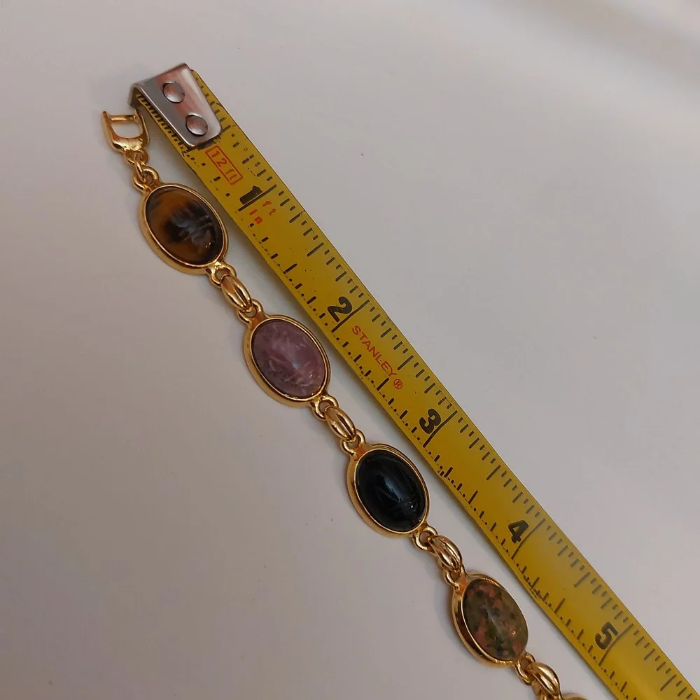 Multi Stones Scarab Bracelet Gold Tone Links Semiprecious Gems - Picture 7 of 9